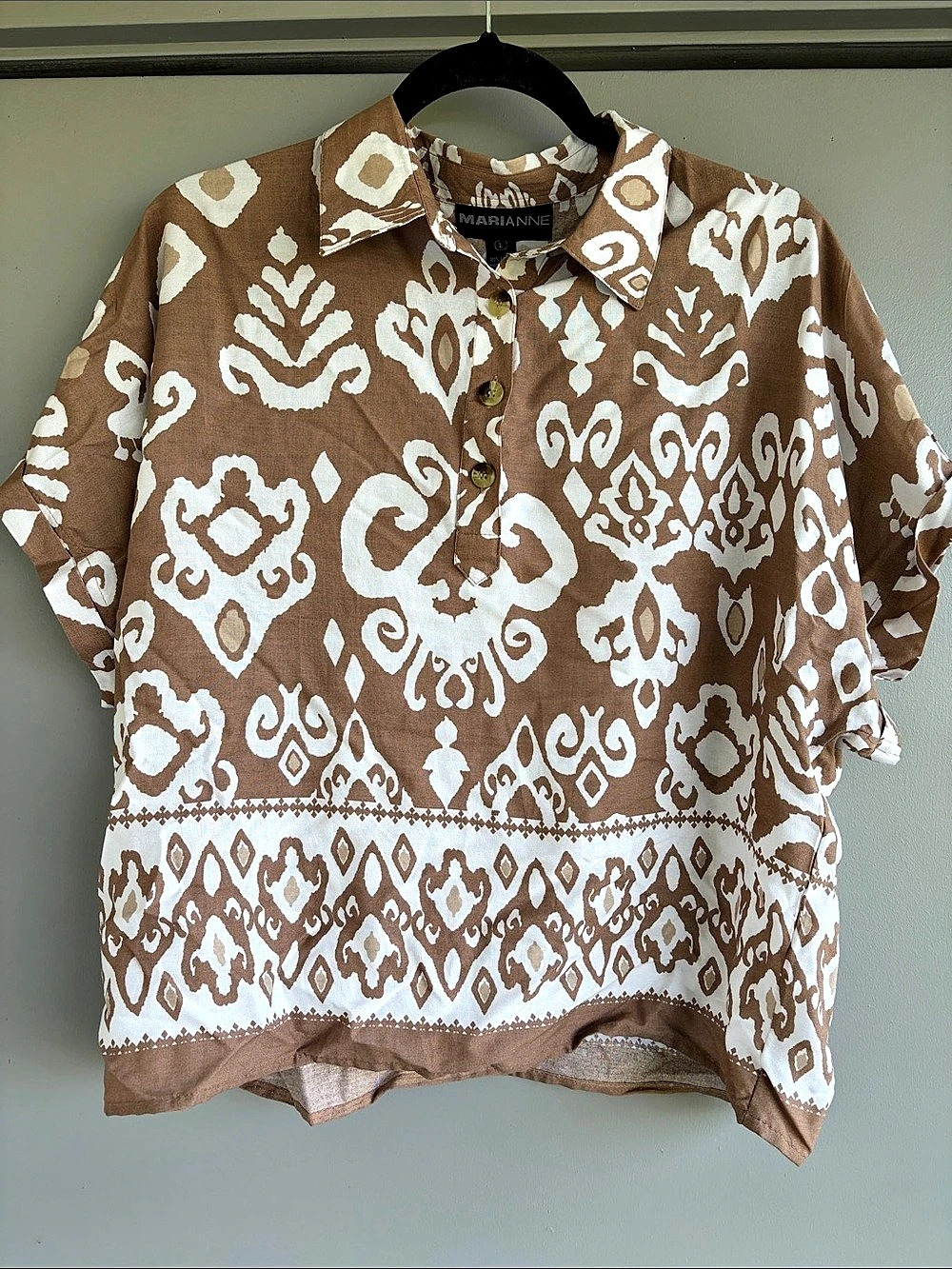 Marianne Geometric Rayon Shirt in Brown & White Size Large